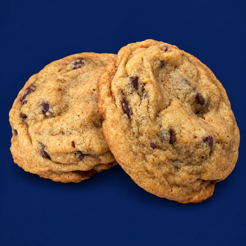 Golden brown OH BOYD! semi-sweet chocolate chip cookies on navy backdrop
