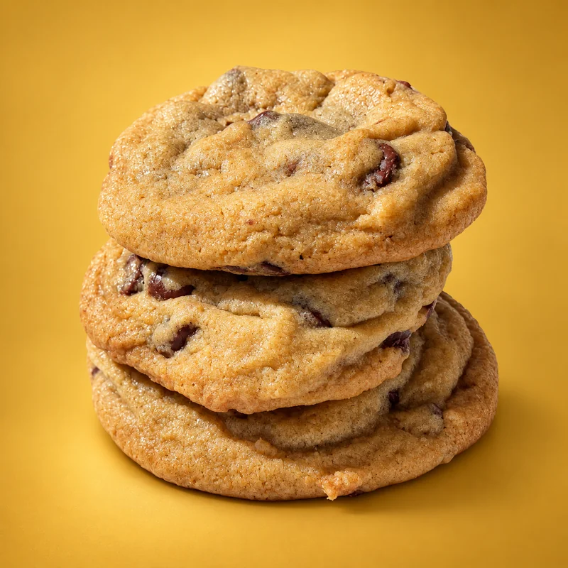 Tall stack of fresh OH BOYD! chocolate chip cookies on gold backdrop