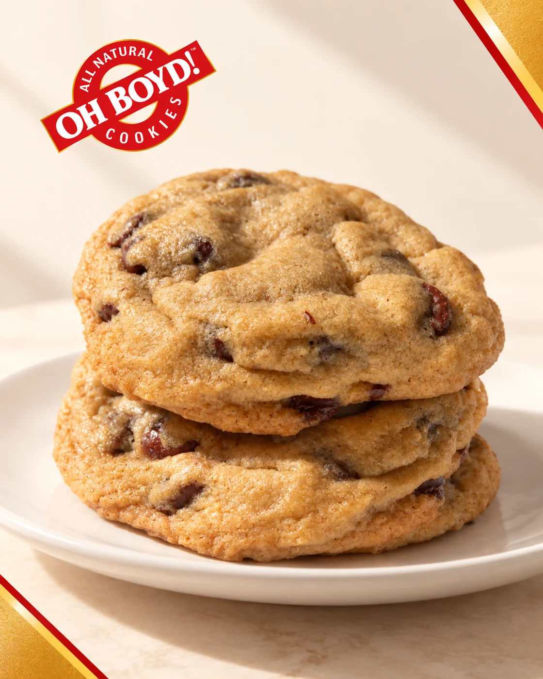 A fresh stack of OH BOYD! semisweet chocolate chip cookies