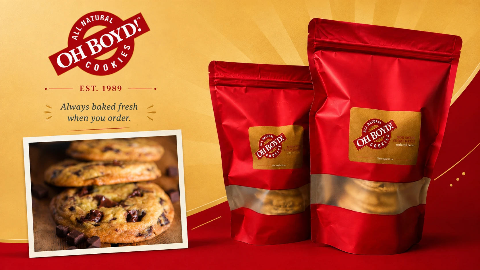 Fresh OH BOYD! chocolate chip cookies beside the signature red bags