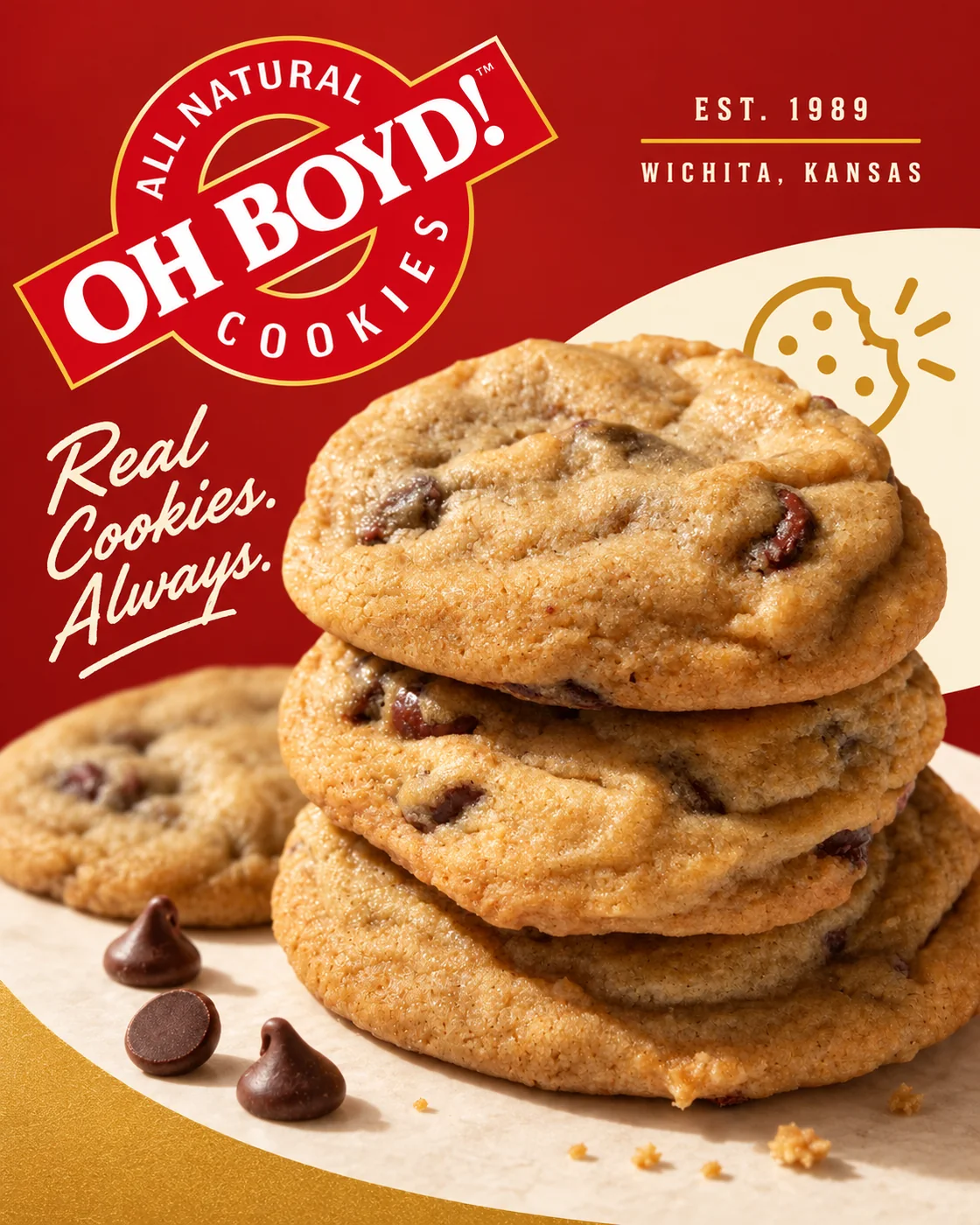 Fresh OH BOYD! chocolate chip cookies, a Wichita original since 1989